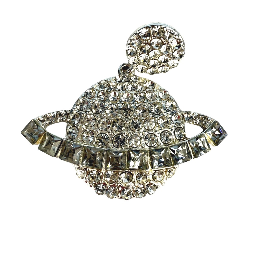 Rhinestone Saturn Planet Earrings Crystal Silver Tone Celestial Statement Dangle - Picture 6 of 7